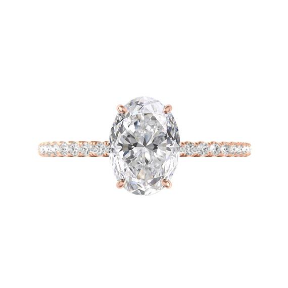 زفاف - 3 Carat Oval Moissanite & Diamond Hidden Halo Engagement Ring 14k Rose Gold, Custom Moissanite Engagement Ring, Raven Fine Jewelers