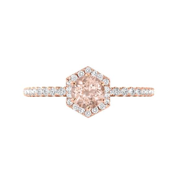 Свадьба - 1 Carat Round Morganite & Diamond Hexagon Halo Cathedral Engagement Ring 14k Rose Gold, Morganite Engagement Rings, Raven Fine Jewelers