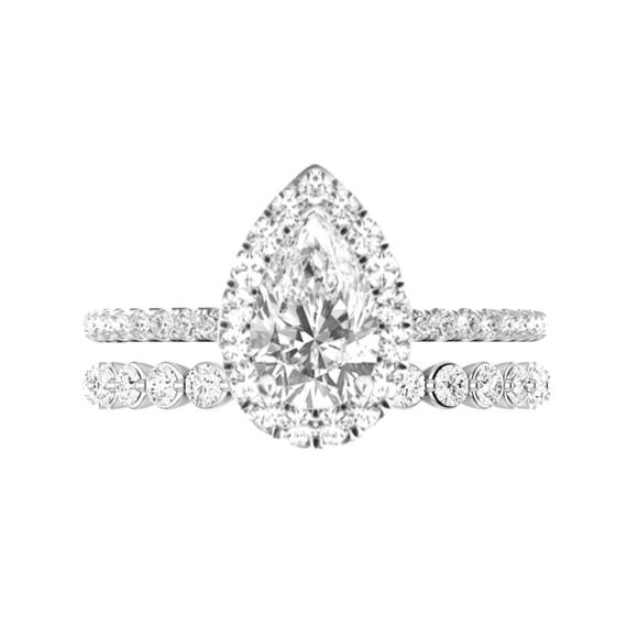 Свадьба - 3.50 ct Pear Supernova Moissanite, Diamond Halo Engagement Ring & Floating Diamond Band, 12x8mm Moissanite Bridal Set, Raven Fine Jewelers