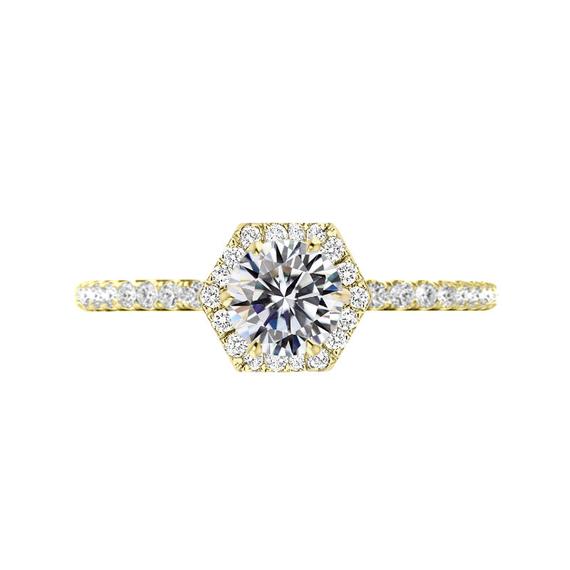 Hochzeit - 1 Carat Round Moissanite & Diamond Horizontal Hexagon Halo Engagement Ring 14k Yellow Gold, Moissanite Engagement Rings, Raven Fine Jewelers
