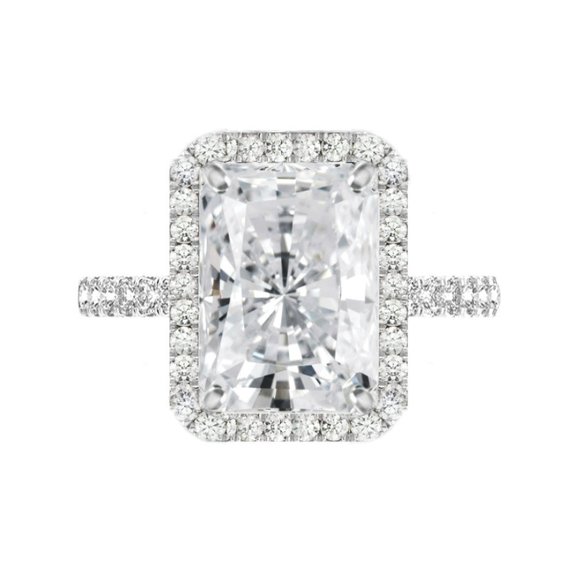Mariage - 7 Carat Radiant Crushed Ice Moissanite & Diamond Halo Wide Band Engagement Ring, 12x10mm Moissanite Engagement Ring, Raven Fine Jewelers
