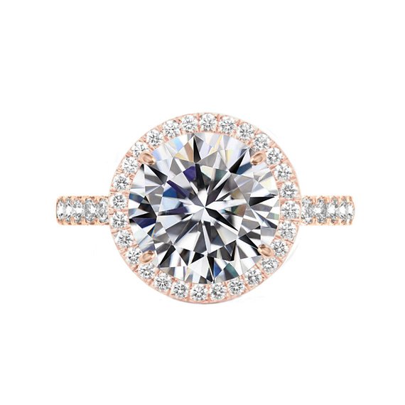 زفاف - 6 Carat Round Moissanite & Diamond Halo Wide Band Engagement Ring 14k Rose Gold, 12mm Moissanite Engagement Ring, Raven Fine Jewelers
