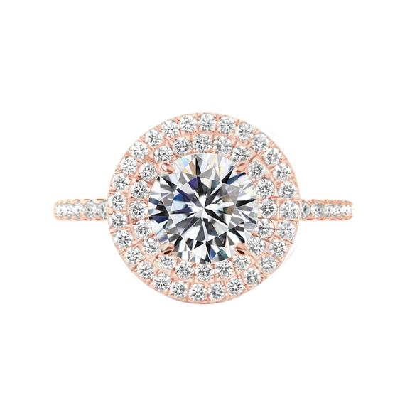زفاف - 4 Carat Round Moissanite & Diamond Double Halo Engagement Ring 14k Rose Gold, 10mm Moissanite Engagement Ring, Raven Fine Jewelers