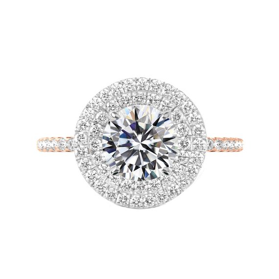 زفاف - 4 Carat Round Moissanite & Diamond Double Halo Engagement Ring 14k White and Rose Gold, 10mm Moissanite Engagement Ring, Raven Fine Jewelers