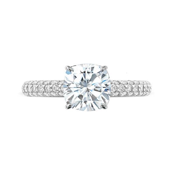 زفاف - 3 Carat Cushion Forever One Moissanite & Diamond Hidden Halo Three Row Pave Engagement Ring, 8.5mm Moissanite Engagement Ring Raven Jewelers