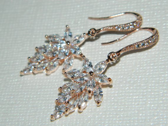 Hochzeit - Rose Gold Cubic Zirconia Earrings, Leaf Crystal Bridal Earrings, Flower Leaf Sparkly Earrings, Cluster Rose Gold Earrings, Bridal Jewelry