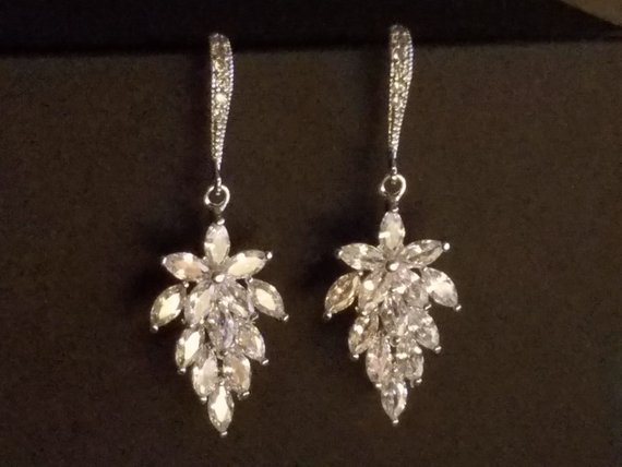 Wedding - Cubic Zirconia Leaf Earrings, Wedding Crystal Bridal Earrings, Floral Cluster Silver Earrings, Sparkly Chandelier Earrings, Leaf CZ Jewelry