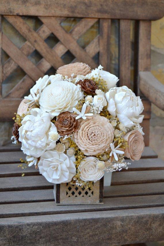 Wedding - Rustic Woodland Wedding Bouquet, Sola Flowers, Dried flower bouquet, Ivory Wood Bride Bouquet, Wooden Flowers, Alternative Bride Bouquet.