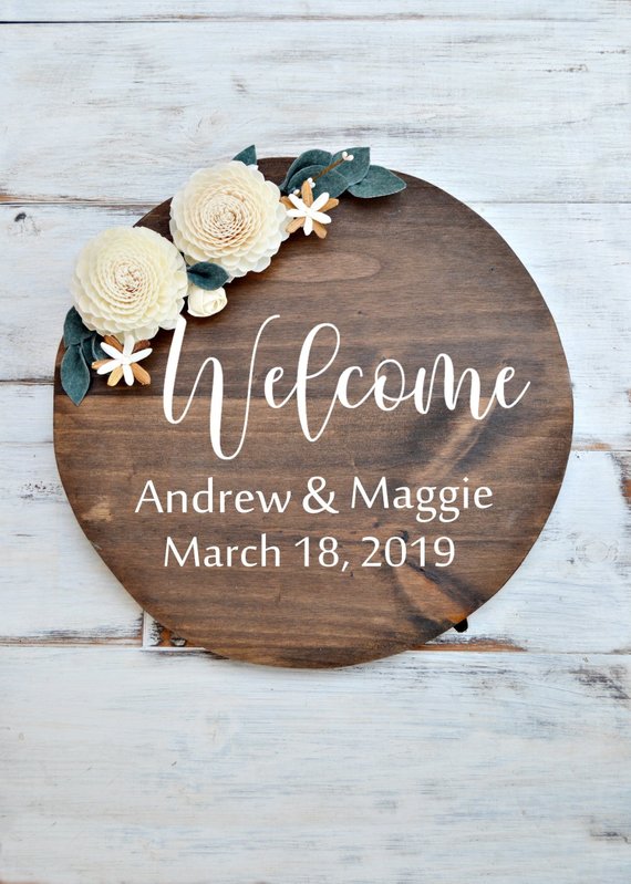 Wedding - Welcome Wedding Wood Sign Sola Flowers, Round Welcome Sign, Rustic Custom Wedding Sign, Romantic Sign, Wall Home Decor, Nursery Sign Name.