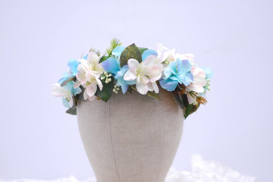 Wedding - Blue flower headband Wedding flower halo Flower hair wreath Floral crown Rustic wedding flower Flower wreath Bridal headband Bridal halo