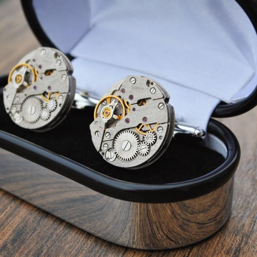 Hochzeit - Boxed Watch Cufflinks, 20mm Watch Movement Cufflinks, Steampunk Cufflinks, Vintage Cuff Links, Wedding Groom Gift Mens Retro Present