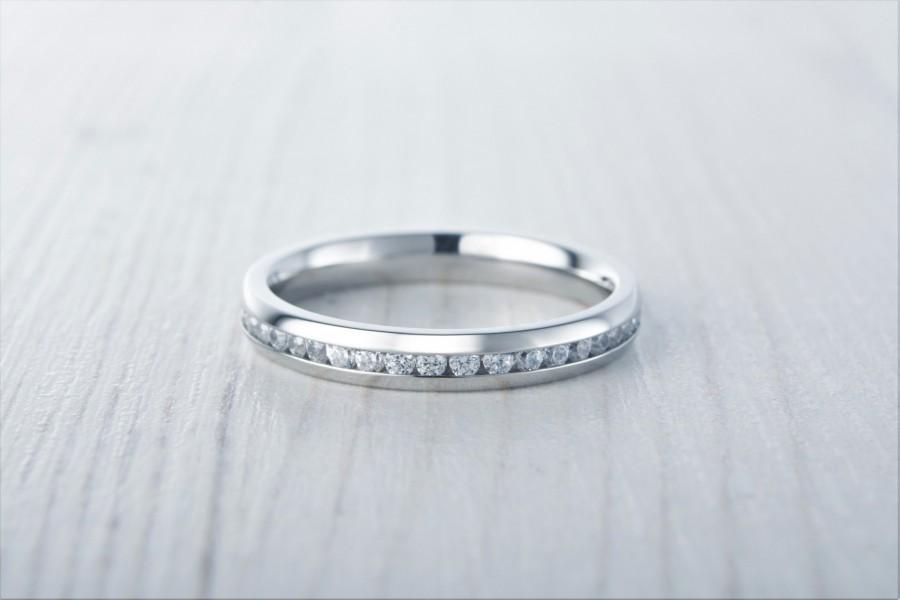 Свадьба - 3mm Wide Man Made Diamond Simulant Full Eternity ring / stacking ring in white gold or titanium - Wedding Band - Engagement ring