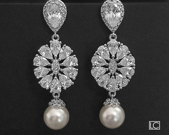Wedding - Bridal Earrings, Wedding Earrings, Swarovski White Pearl Cubic Zirconia Earrings, Statement Earrings, Victorian Pearl Earrings Vintage Style