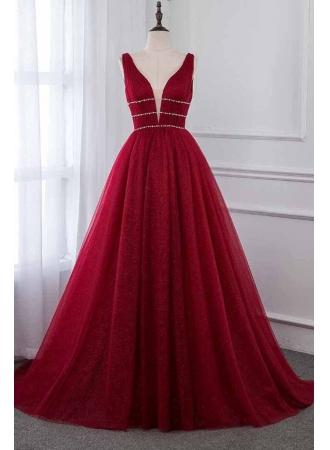 زفاف - Elegant Burgundy Puffy V-Neck Sleeveless Prom Dresses 