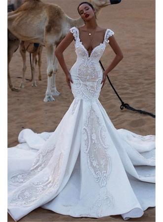 Hochzeit - Luxurious Cap Sleeves V-Neck Ruffles Wedding Dresses 