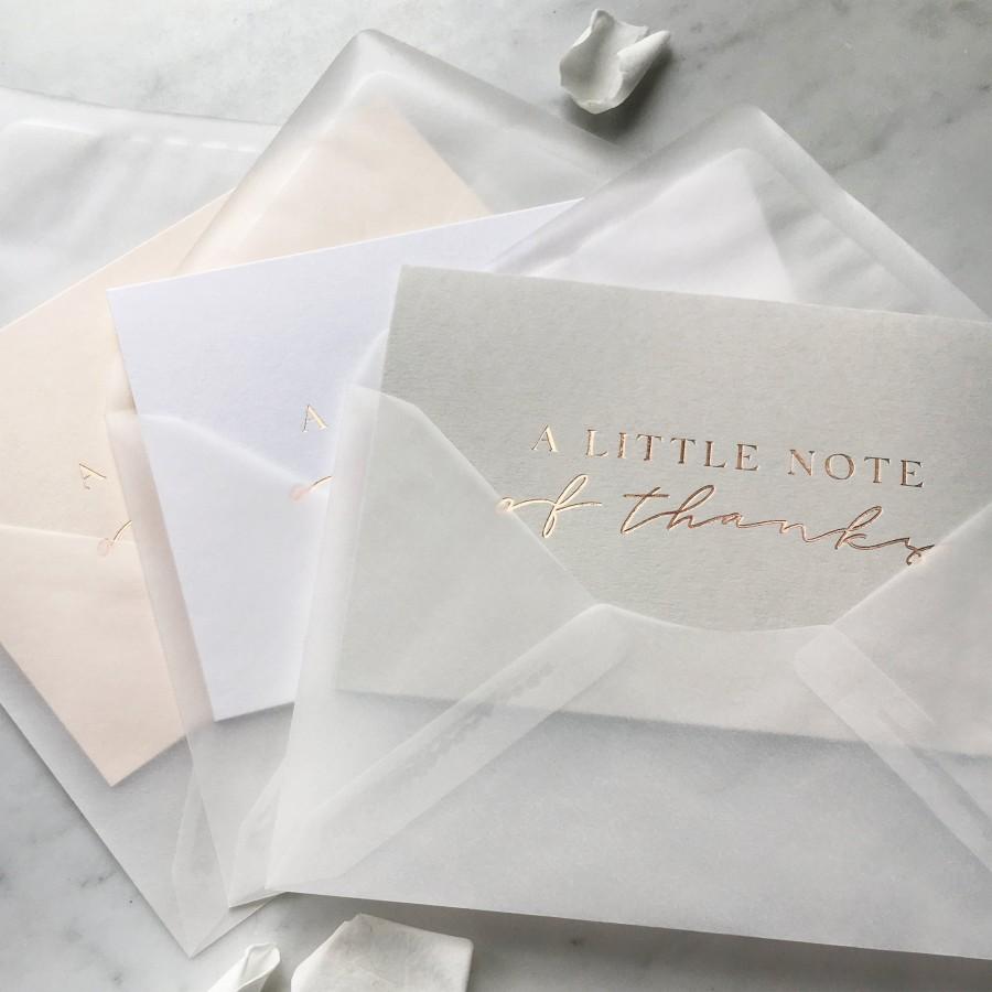 Свадьба - SAMPLE Set of 3 Rose Gold/Warm Gold Foiled Thank You Cards with Translucent Vellum or Paper Envelopes