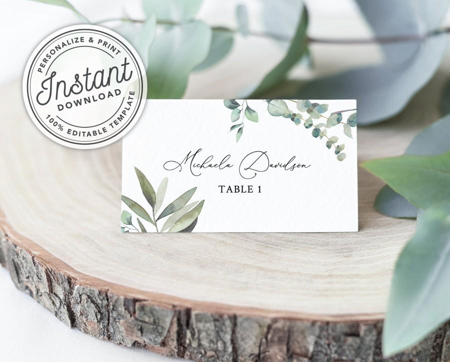Mariage - Boho Wreath Printable Wedding Place Cards with Eucalyptus Greenery (Flat and Tent Folded) • INSTANT DOWNLOAD • Editable Template #023