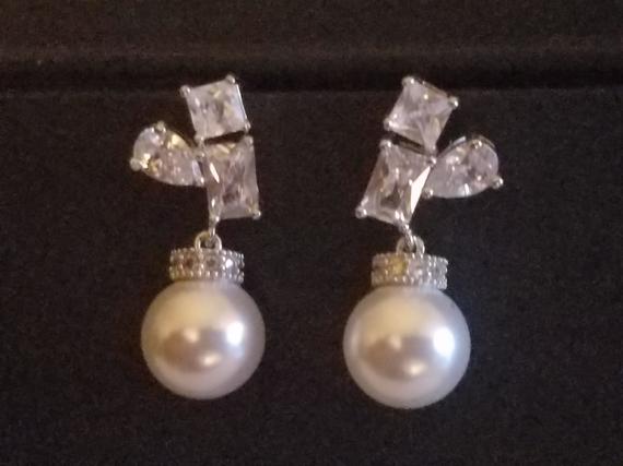 Свадьба - Pearl Bridal Earrings, Wedding White Pearl Cubic Zirconia Earrings, Swarovski 10mm Pearl Silver Earrings, Bridal Pearl Jewelry, Prom Earring