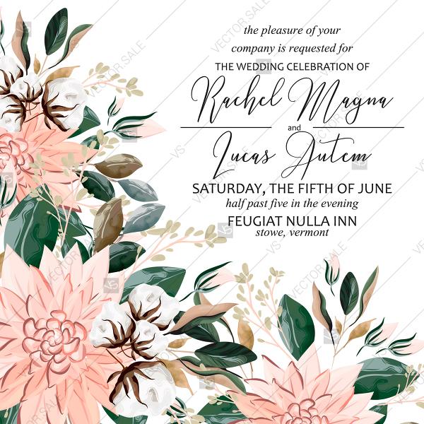 Свадьба - Wedding invitation watercolor greenery peach chrysanthemum cotton template winter