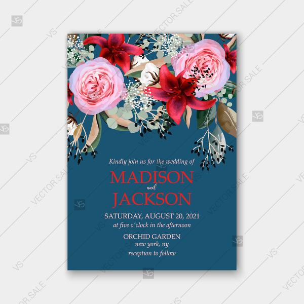 Wedding - Red Lilly pink ranunculus privet berry Wedding invitation watercolor template greeting card