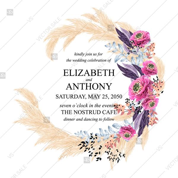 Hochzeit - Wedding invitation watercolor greenery illustration pampas grass pink zinnia flower berry floral watercolor