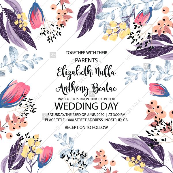 Свадьба - Wedding invitation watercolor greenery illustration wild flowers berry greenery invitation template