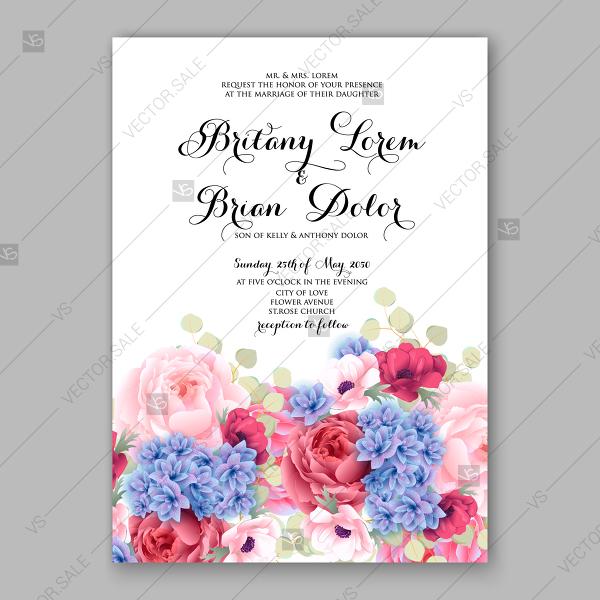 Свадьба - Pink peony, blue hydrangea, red poppy eucalyptus floral wedding invitation vector card template fiesta
