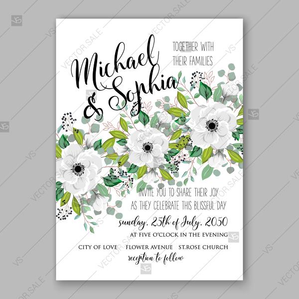 Hochzeit - White anemone greenery spring floral wedding invitation vector template anniversary invitation