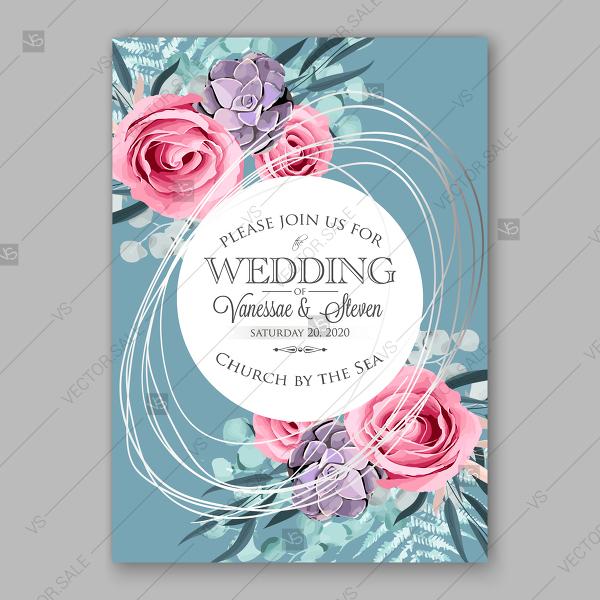 Wedding - Pink peony, fern pink rose ranunculus succulents, eucalyptus floral wedding invitation vector card template floral background