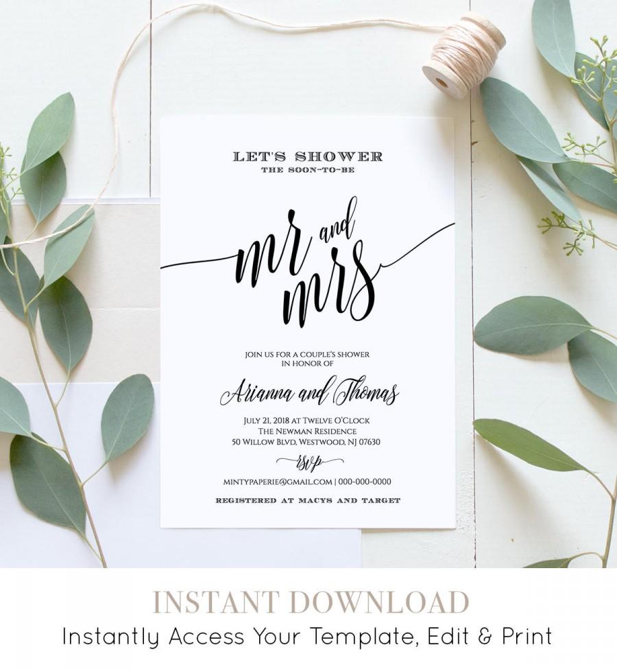 Wedding - Couples Shower Invitation Printable, Wedding Shower Invite, 100% Editable Template, Instant Download, Mr and Mrs, Digital, DIY #020-101BS