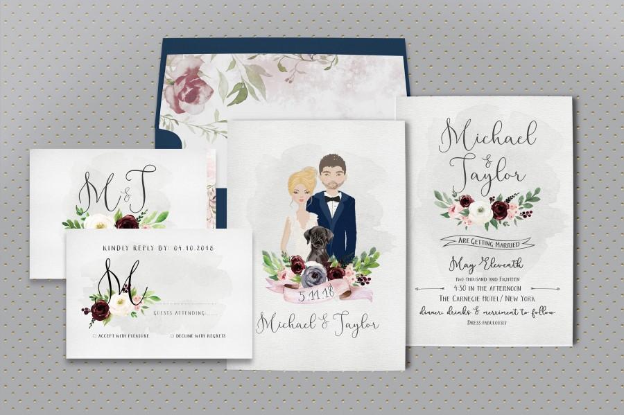 Hochzeit - Blush Wedding Invitation, Custom Illustrated Couples Portrait, Unique Wedding Invite, Printable Invite, Wedding Portrait