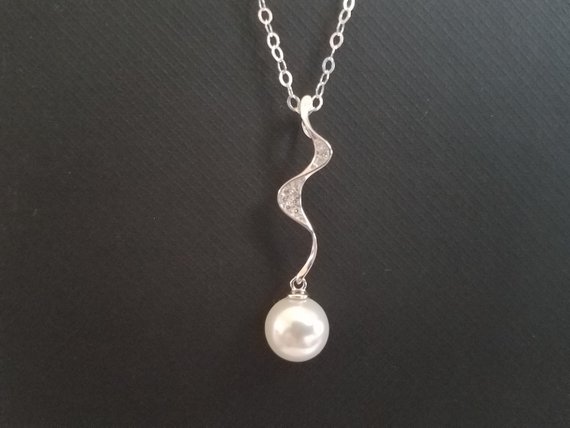 Mariage - Pearl Bridal Necklace, Sterling Silver Pearl Wedding Necklace, Swarovski 8mm Pearl Drop Necklace, Pearl Dainty Necklace, Wedding Jewelry