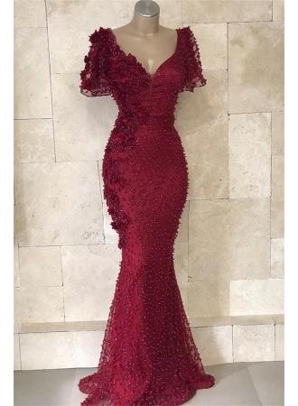 Wedding - Gorgeous Red V-Neck Short Sleeves Mermaid Floor-Length Prom Dresses 