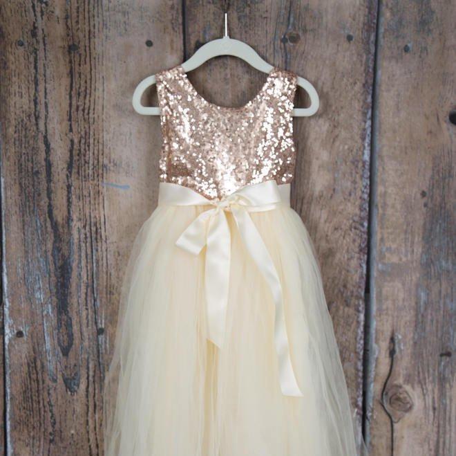 زفاف - Ivory Cream Flower Girl Dress, Rose Gold Sequin Top, Floor Length Dress, Elegant Tutu Dress, Ball Gown, Boho Chic beach, Couture Style