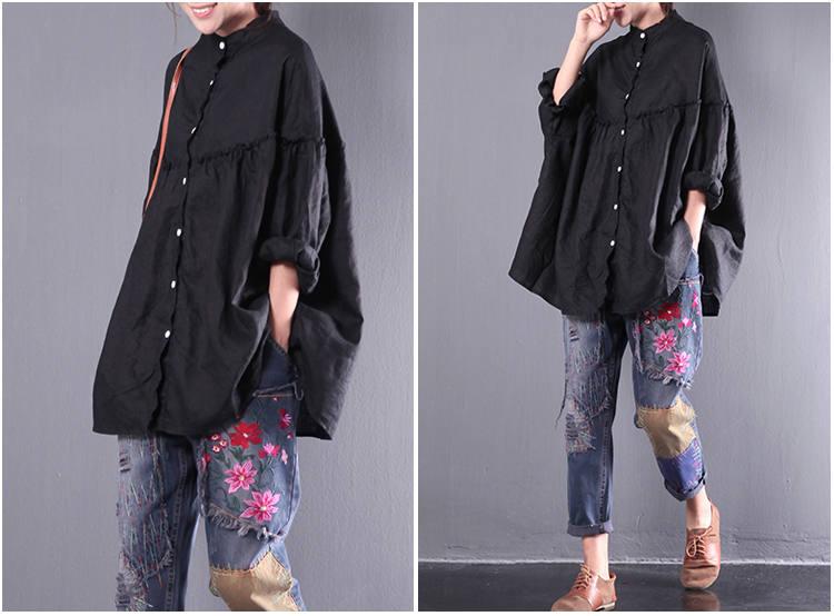 Mariage - Casual Loose Fitting Half Sleeve Linen Cotton Top - Women Blouse