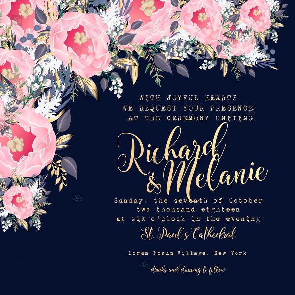 Mariage - Peony wedding invitation spring pink flower and greenery on nawy blue background