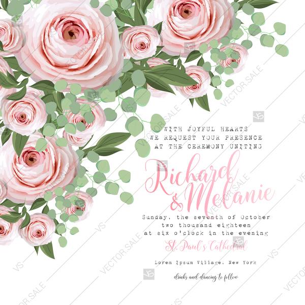Wedding - Peony ranunculus rose wedding invitation spring pink flower and greenery baby shower invitation