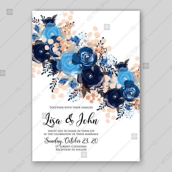 Wedding - Royal blue rose Indigo Watercolor Floral wedding invitation vector template