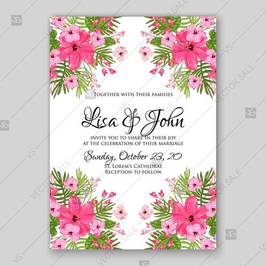 زفاف - Red hibiscus peony tropical flowers palm leaves wedding invitation