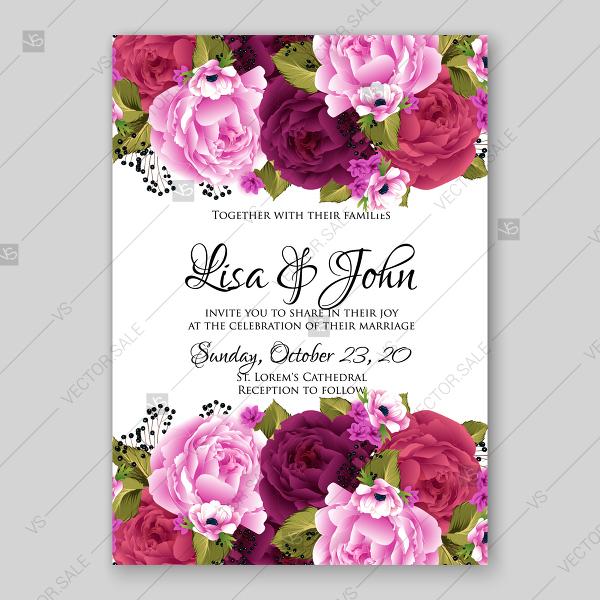 Hochzeit - Pink red maroon Peony wedding invitation floral spring vector illystration background thank you card