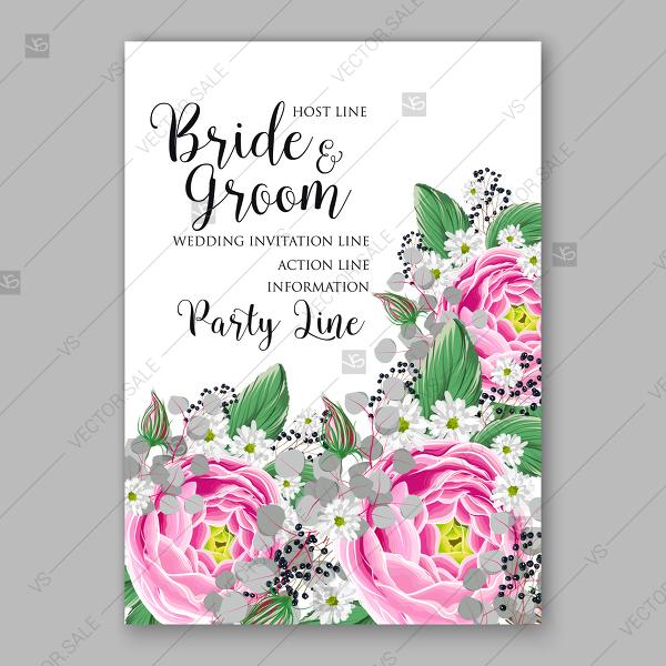 Hochzeit - Pink ranunculus peony eucalyptus floral wedding invitation mothers day card