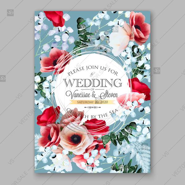 Wedding - Pink peony, magent ranunculus, red anemone rose, eucalyptus floral wedding invitation vector card template decoration bouquet