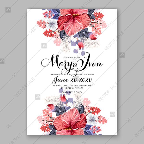 Wedding - Red Hibiscus wedding invitation card printable template with blue greenery eucalyptus magenta flower vector download