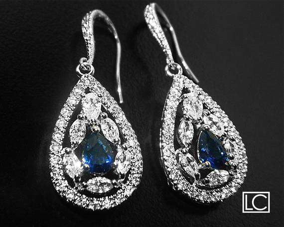 Hochzeit - Bridal Crystal Earrings, Wedding Cubic Zirconia Earrings, Clear Navy Blue Teardrop Earrings, Bridal Jewelry, Chandelier Dangle Earrings