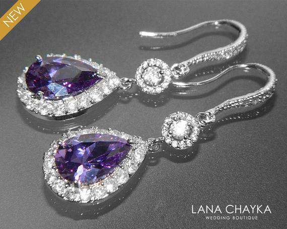 زفاف - Amethyst Crystal Earrings, Purple Chandelier Bridal Earrings, CZ Teardrop Wedding Earrings, Purple Halo Wedding Earrings, Bridal Jewelry