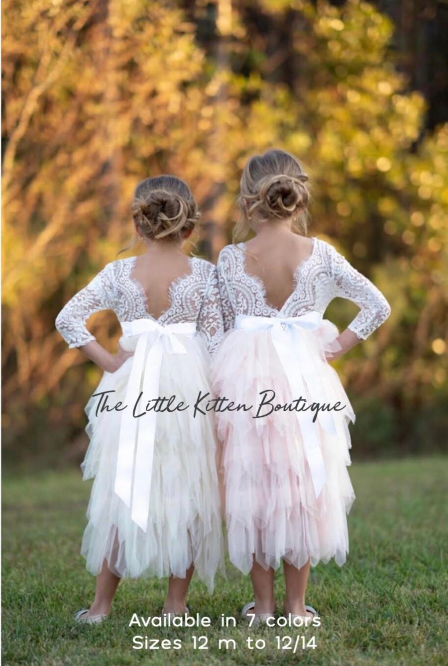 Wedding - tulle flower girl dress, rustic lace flower girl dresses, long sleeve flower girl dresses, winter flower girl dress, ivory flower girl dress