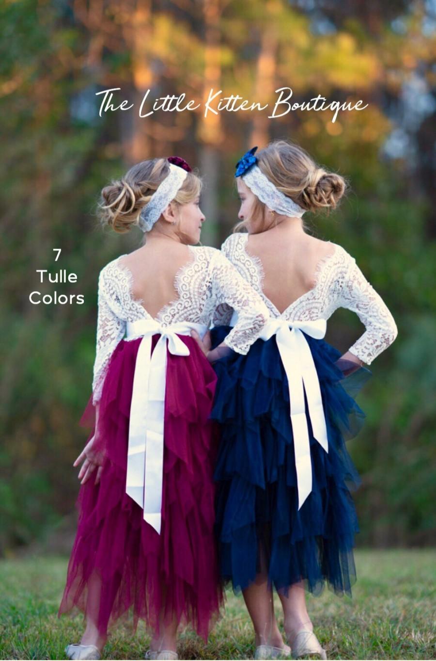 Свадьба - Tulle flower girl dress, rustic lace flower girl dress, junior bridesmaid dress, long sleeve flower girl dress, Ivory flower girl dress