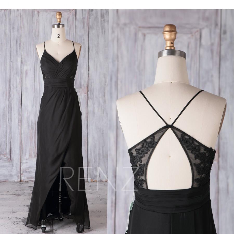 زفاف - Bridesmaid Dress Black Chiffon Wedding Dress V Neck Maxi Dress Spaghetti Strap Party Dress High Low Lapped Skirt Fitted Prom Dress(C033)