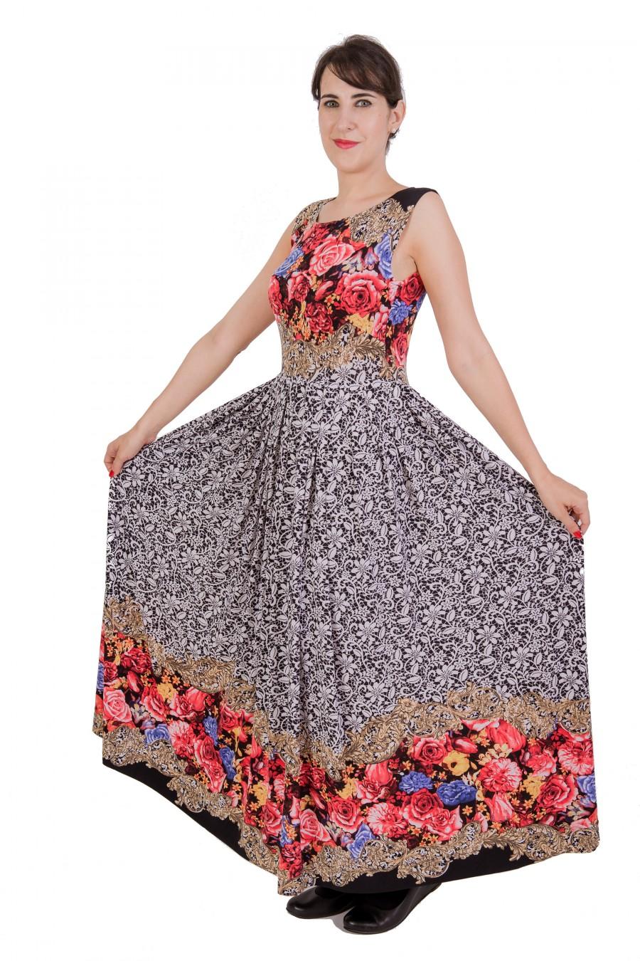 زفاف - Womens Dress, Long Dress, Maxi Dress, Floral Print Dress, Round Neck Dress, Sleeveless Dress, Pleated Dress