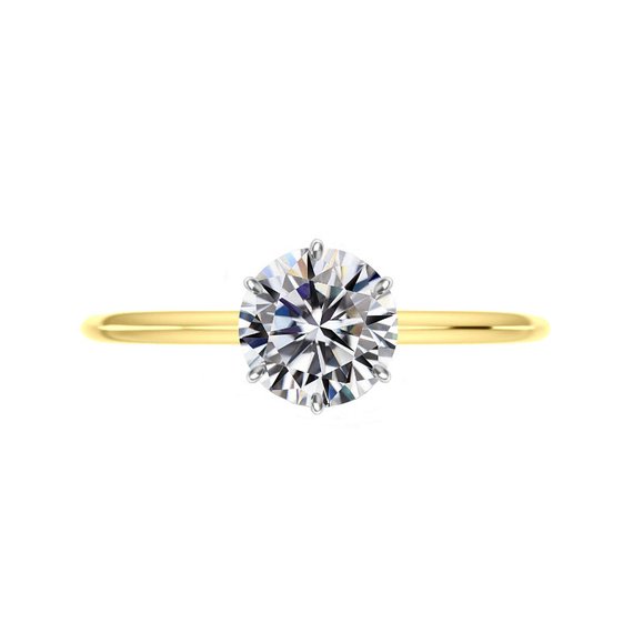 Wedding - 2 Carat Round Moissanite Six Prong Knife Edge Solitaire 14k Yellow & White Gold, 8mm Moissanite Engagement Rings, Raven Fine Jewelers